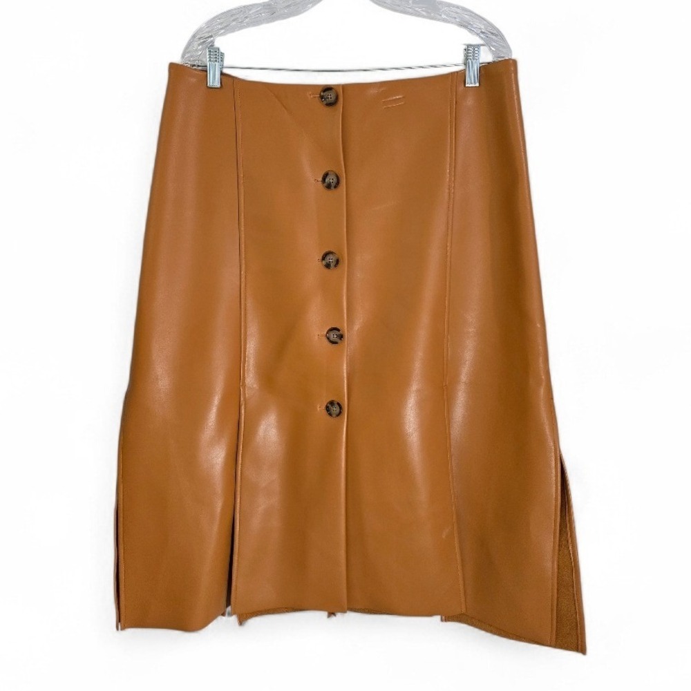 Banana Republic Vegan Leather Midi Skirt Tan Button Front Pleated 16 889250-01